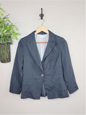 Cabi #230 Bossy Blazer Charcoal Gray Peplum Ruffle Layered Hem Collared Jacket 4